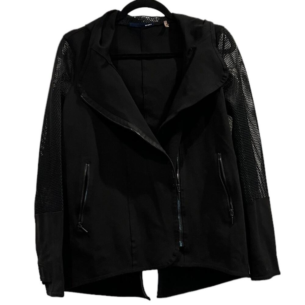 Elie Tahari Sport Moto Jacket Women S Black Mesh Hooded Zip Gorpcore Goth